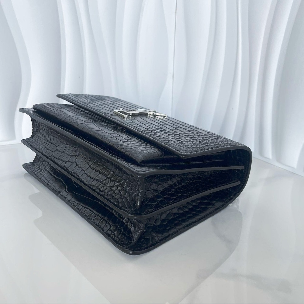 YSL Saint Laurent Black Crocodile-Embossed Leather Shoulder Bag - Picture 11 of 12